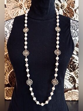 Flowers and Pearls Long Station Statement Necklace.